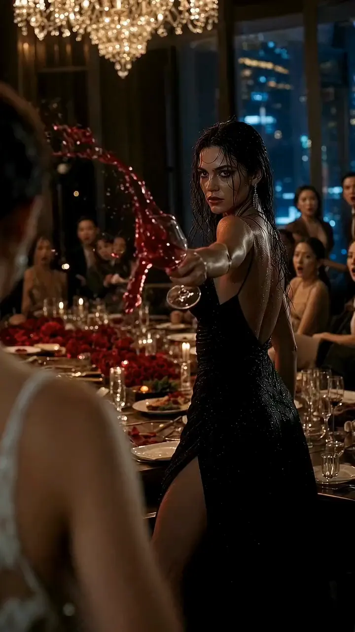 Scene from Revenge of the Queen — a woman in a black gown throws a glass of wine across a dinner party